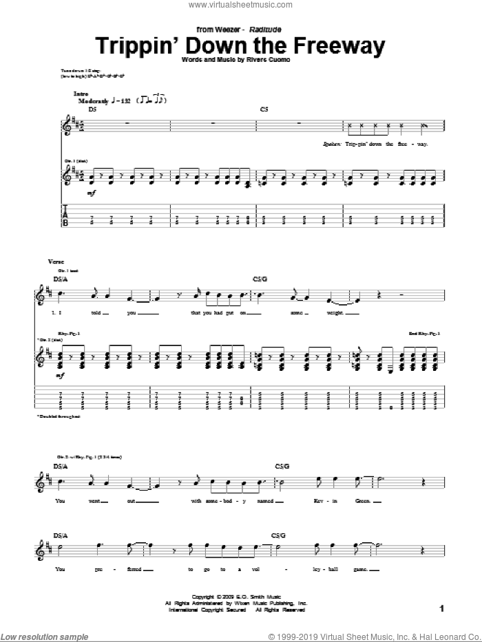 Trippin' Down The Freeway sheet music for guitar (tablature) by Weezer and Rivers Cuomo, intermediate skill level