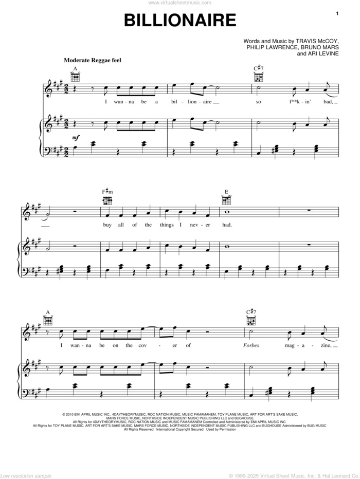 Billionaire sheet music for voice, piano or guitar by Travie McCoy featuring Bruno Mars, Travie McCoy, Ari Levine, Bruno Mars and Philip Lawrence, intermediate skill level