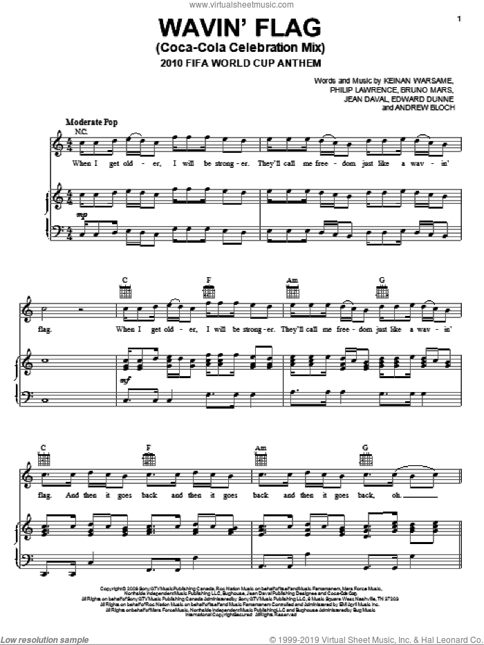 Wavin' Flag (Coca-Cola Celebration Mix) (2010 FIFA World Cup Anthem) sheet music for voice, piano or guitar by K'naan, Andrew Bloch, Bruno Mars, Edward Dunne, Jean Daval, Keinan Warsame and Philip Lawrence, intermediate skill level