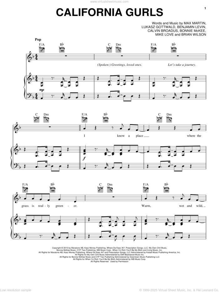 California Gurls sheet music for voice, piano or guitar by Katy Perry featuring Snoop Dogg, Snoop Dogg, Bonnie McKee, Calvin Broadus, Katy Perry, Lukasz Gottwald and Max Martin, intermediate skill level