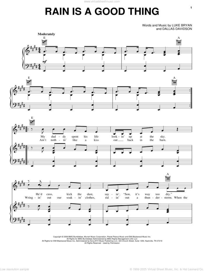 Rain Is A Good Thing sheet music for voice, piano or guitar by Luke Bryan and Dallas Davidson, intermediate skill level