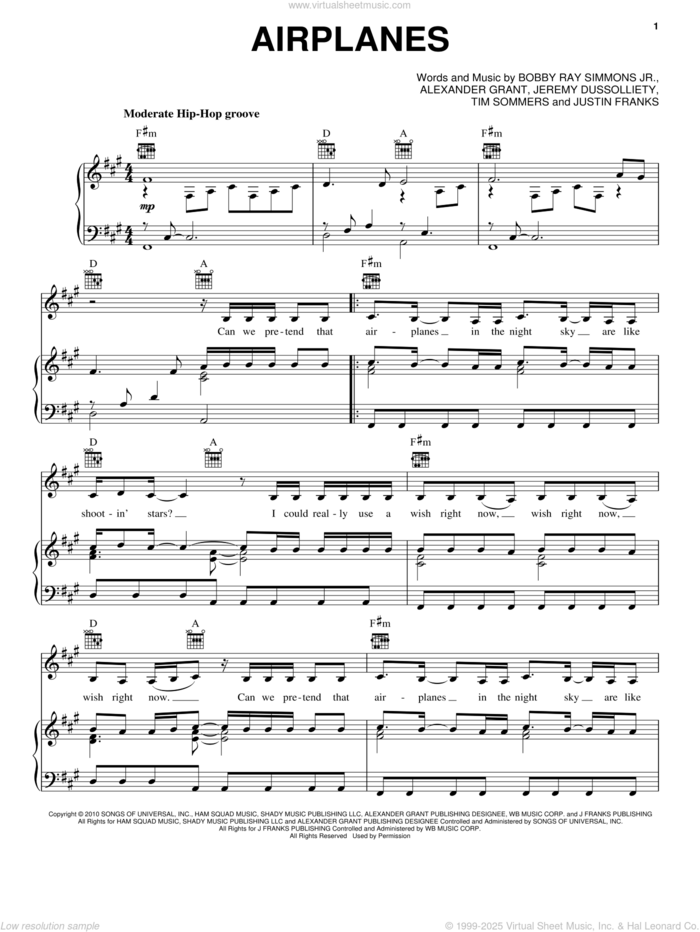 Airplanes sheet music for voice, piano or guitar by B.o.B. featuring Hayley Williams, B.o.B., Hayley Williams, Alexander Grant, Bobby Ray Simmons Jr., Jeremy Dussolliet, Justin Franks and Tim Sommers, intermediate skill level