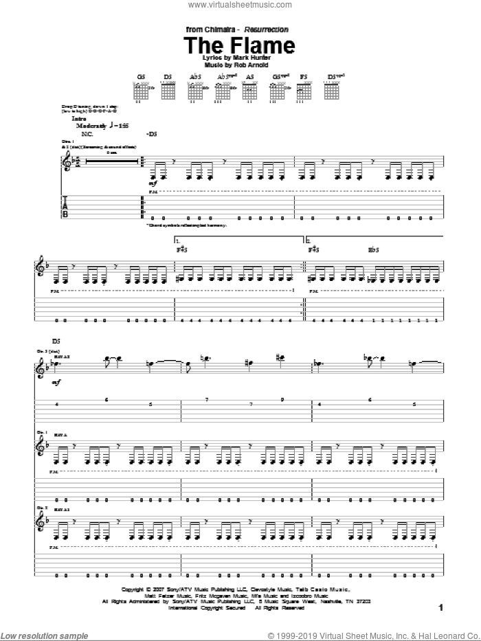 The Flame sheet music for guitar (tablature) by Chimaira, Mark Hunter and Rob Arnold, intermediate skill level