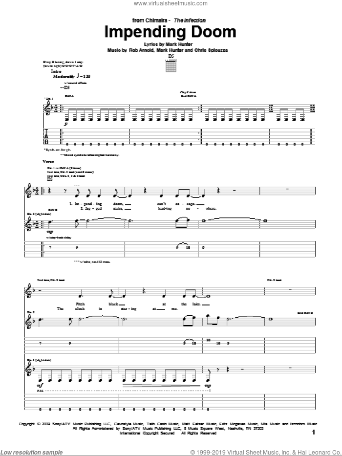 Impending Doom sheet music for guitar (tablature) by Chimaira, Chris Spicuzza, Mark Hunter and Rob Arnold, intermediate skill level