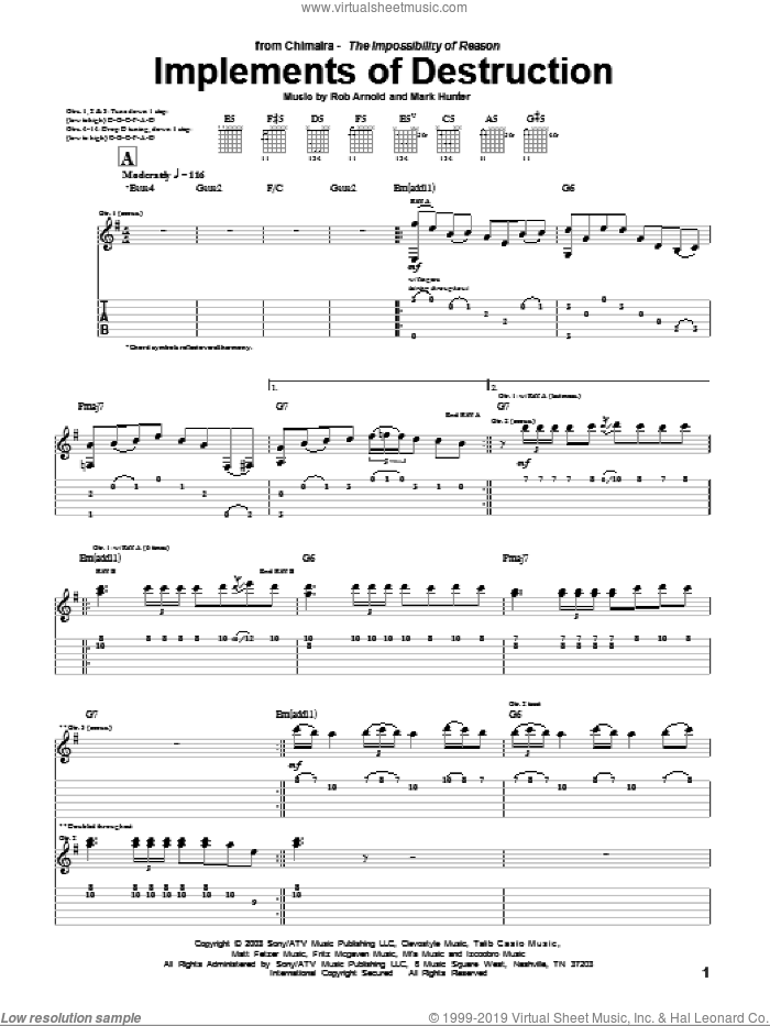 Implements Of Destruction sheet music for guitar (tablature) by Chimaira, Mark Hunter and Rob Arnold, intermediate skill level