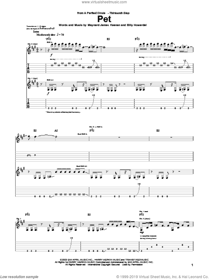 Pet sheet music for guitar (tablature) by A Perfect Circle, Billy Howerdel and Maynard James Keenan, intermediate skill level