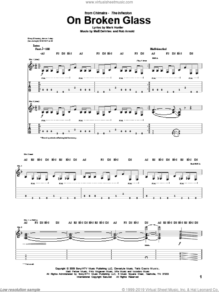 On Broken Glass sheet music for guitar (tablature) by Chimaira, Mark Hunter, Matt DeVries and Rob Arnold, intermediate skill level