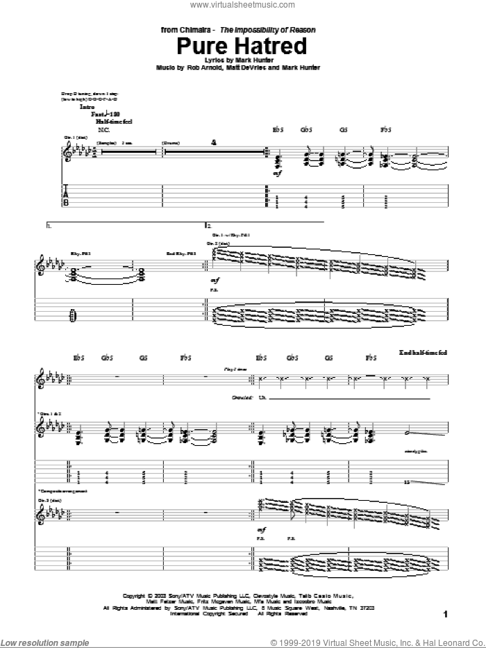 Pure Hatred sheet music for guitar (tablature) by Chimaira, Mark Hunter, Matt DeVries and Rob Arnold, intermediate skill level