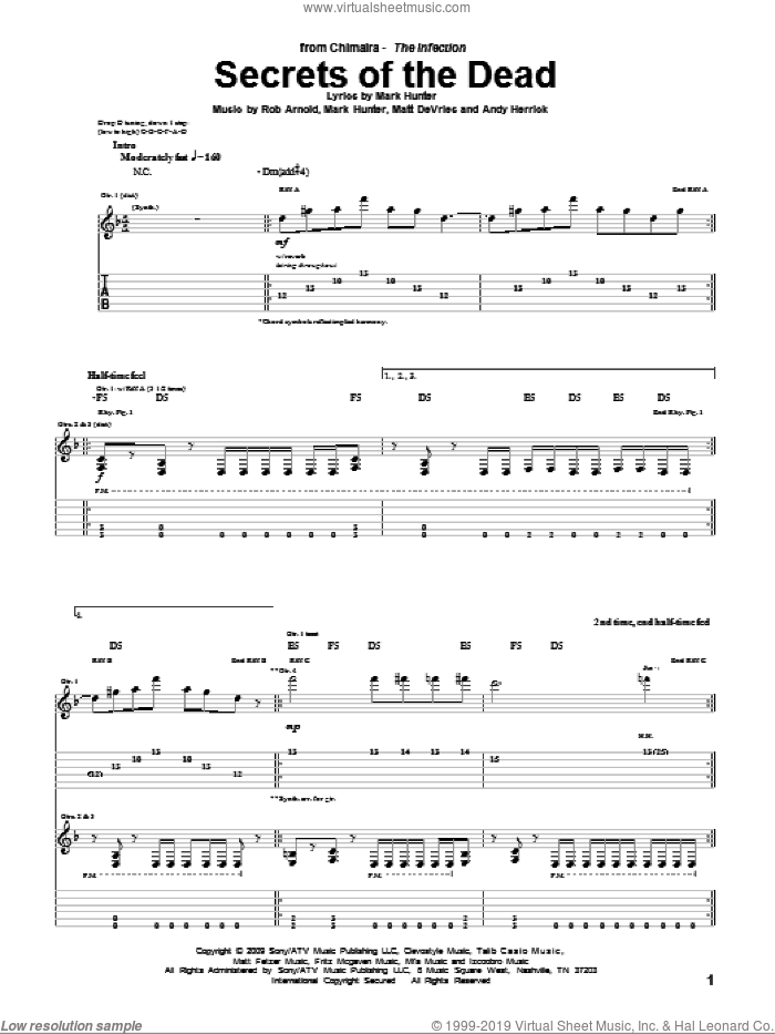 Secrets Of The Dead sheet music for guitar (tablature) by Chimaira, Andols Herrick, Andy Herrick, Mark Hunter, Matt DeVries and Rob Arnold, intermediate skill level