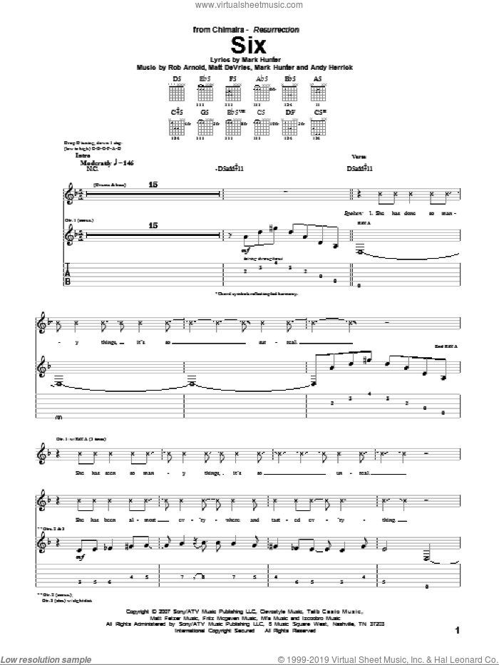 Six sheet music for guitar (tablature) by Chimaira, Andols Herrick, Andy Herrick, Mark Hunter, Matt DeVries and Rob Arnold, intermediate skill level