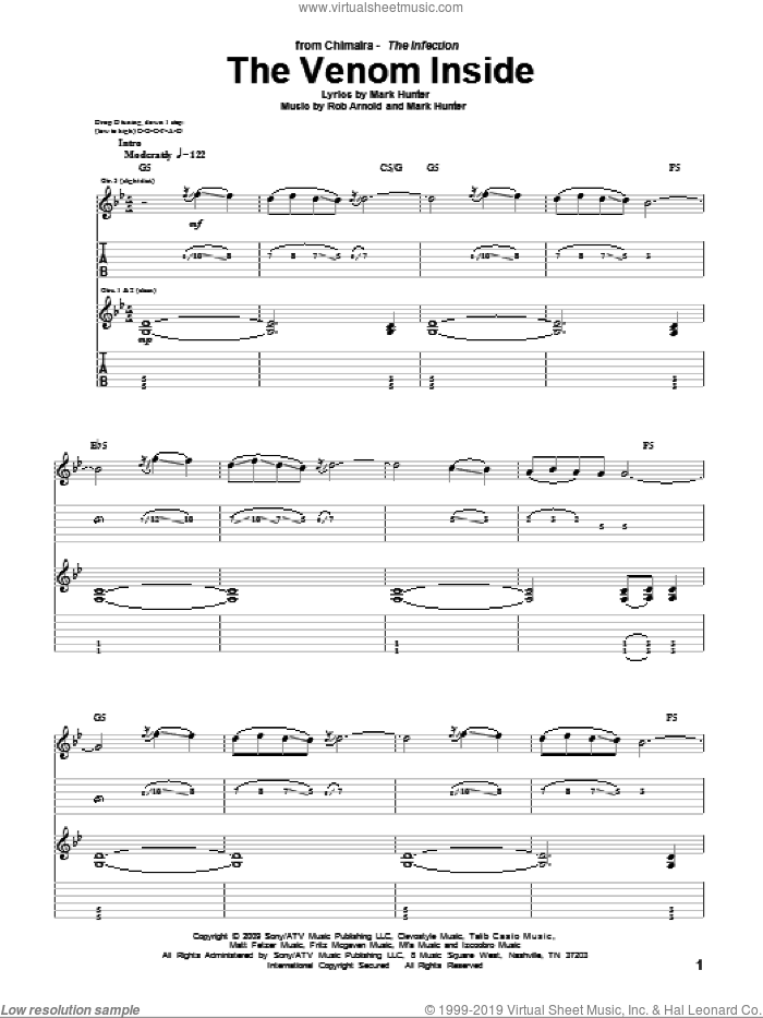 The Venom Inside sheet music for guitar (tablature) by Chimaira, Mark Hunter and Rob Arnold, intermediate skill level