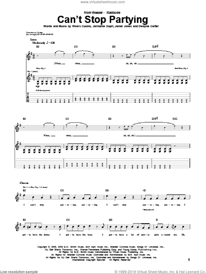 Can't Stop Partying sheet music for guitar (tablature) by Weezer, Dwayne Carter, Jamal Jones, Jermaine Dupri and Rivers Cuomo, intermediate skill level