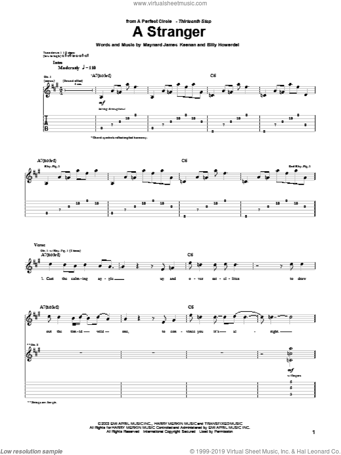 A Stranger sheet music for guitar (tablature) by A Perfect Circle, Billy Howerdel and Maynard James Keenan, intermediate skill level