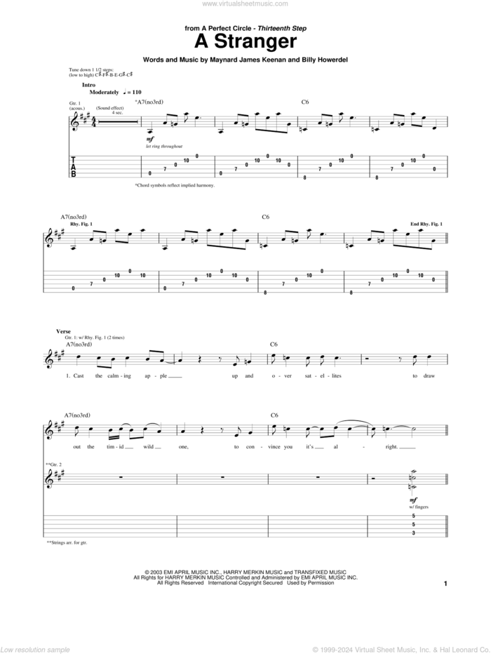 A Stranger sheet music for guitar (tablature) by A Perfect Circle, Billy Howerdel and Maynard James Keenan, intermediate skill level