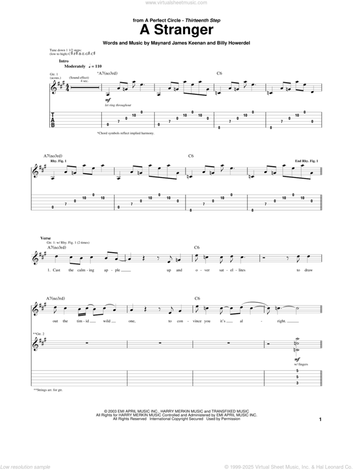 A Stranger sheet music for guitar (tablature) by A Perfect Circle, Billy Howerdel and Maynard James Keenan, intermediate skill level