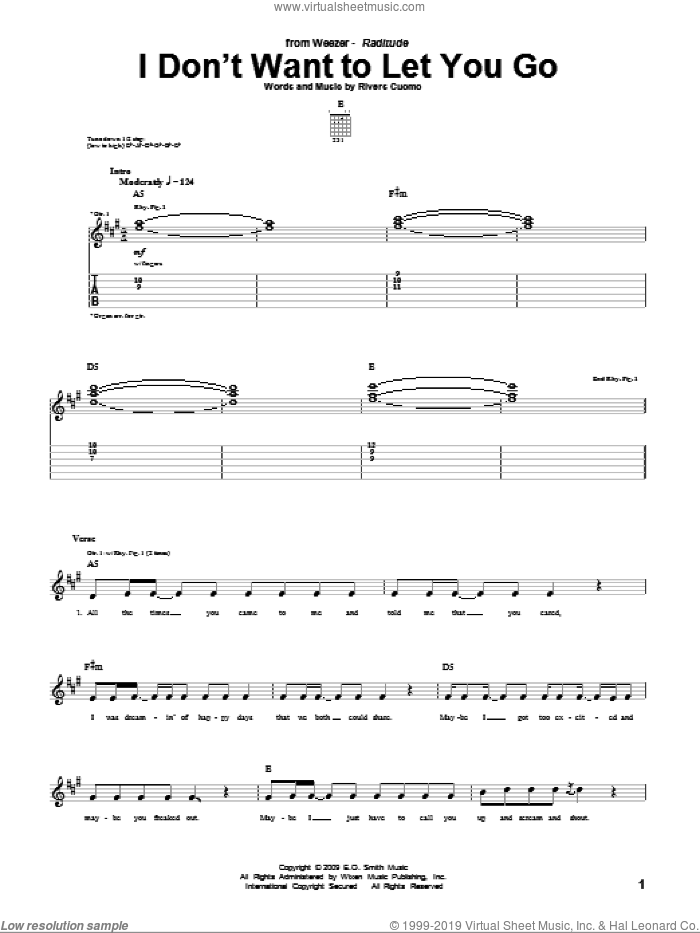I Don't Want To Let You Go sheet music for guitar (tablature) by Weezer and Rivers Cuomo, intermediate skill level