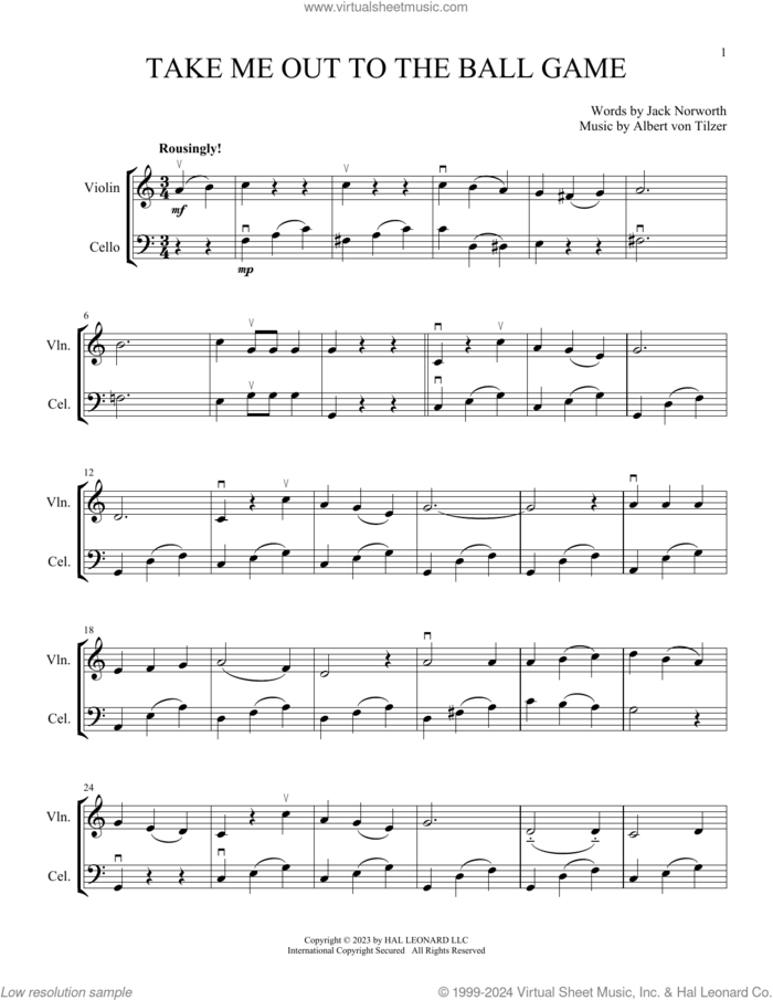 Take Me Out To The Ball Game (arr. Michelle Hynson) sheet music for instrumental duet (duets) by Albert von Tilzer, Michelle Hynson and Jack Norworth, intermediate skill level