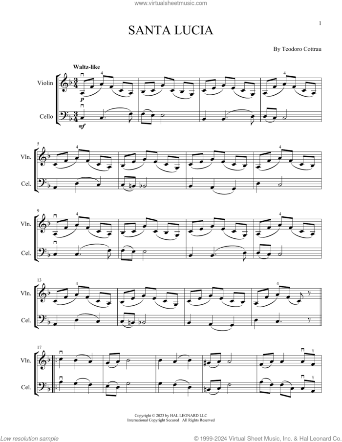 Santa Lucia (arr. Michelle Hynson) sheet music for instrumental duet (duets) by Teodoro Cottrau and Michelle Hynson, intermediate skill level