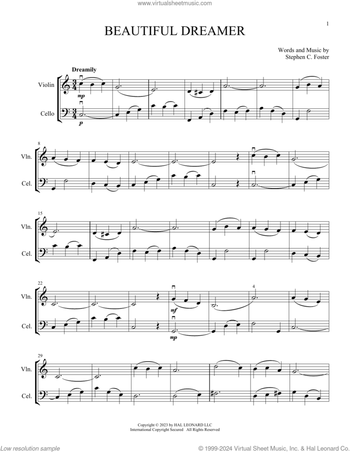 Beautiful Dreamer (arr. Michelle Hynson) sheet music for instrumental duet (duets) by Stephen Foster and Michelle Hynson, intermediate skill level