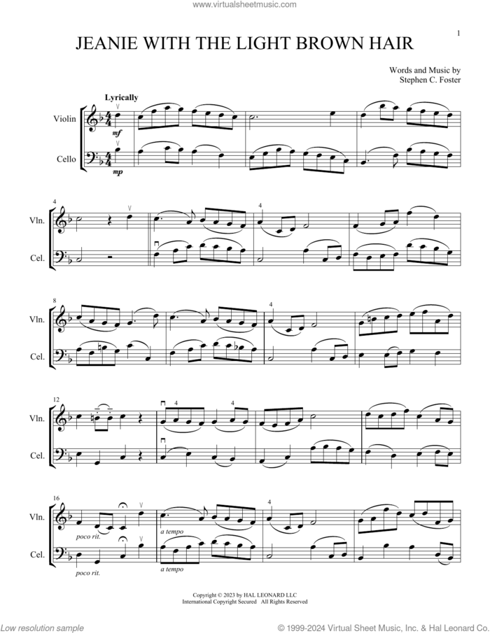 Jeanie With The Light Brown Hair (arr. Michelle Hynson) sheet music for instrumental duet (duets) by Stephen Foster and Michelle Hynson, intermediate skill level