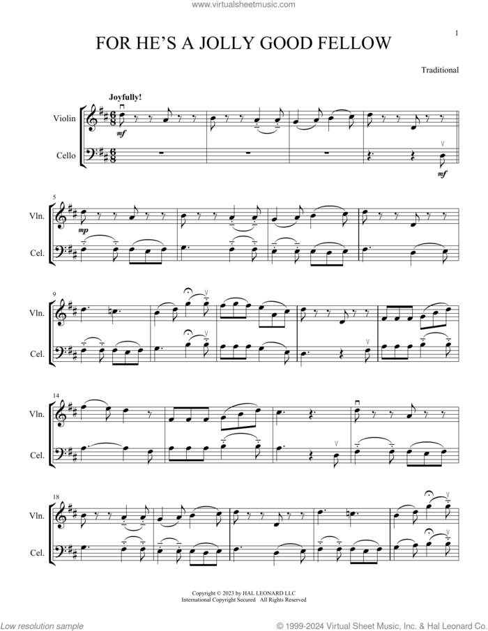 For He's A Jolly Good Fellow (arr. Michelle Hynson) sheet music for instrumental duet (duets)  and Michelle Hynson, intermediate skill level