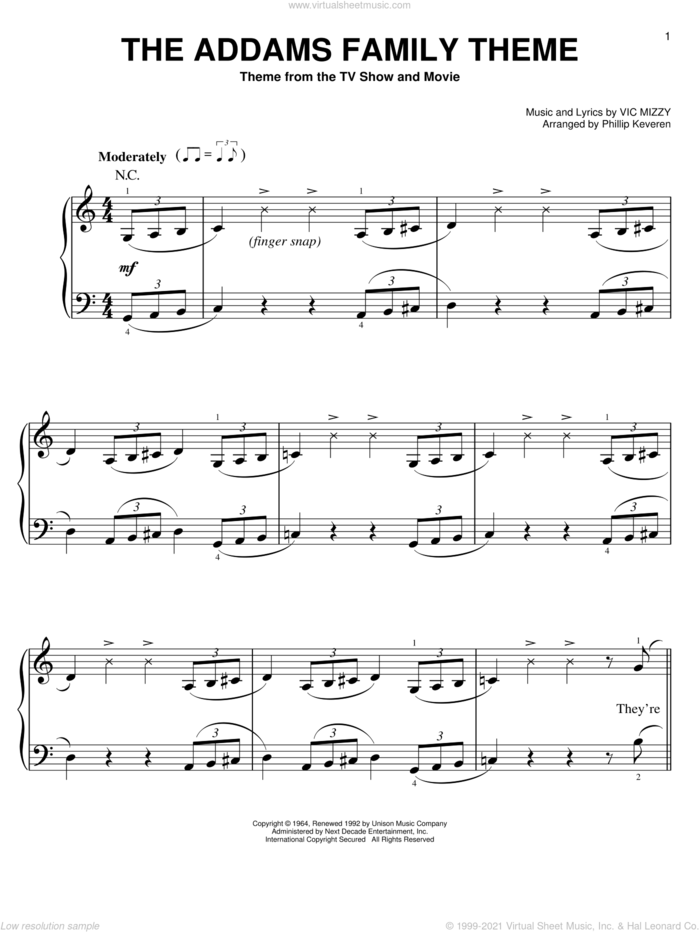 The Addams Family Theme (arr. Phillip Keveren) sheet music for piano solo by Vic Mizzy and Phillip Keveren, easy skill level