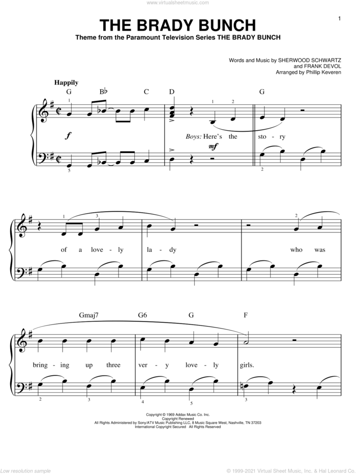 The Brady Bunch (arr. Phillip Keveren) sheet music for piano solo by Sherwood Schwartz, Phillip Keveren and Frank DeVol, easy skill level