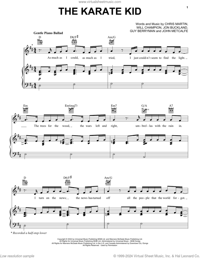 The Karate Kid sheet music for voice, piano or guitar by Coldplay, Chris Martin, Guy Berryman, John Metcalfe, Jon Buckland and Will Champion, intermediate skill level