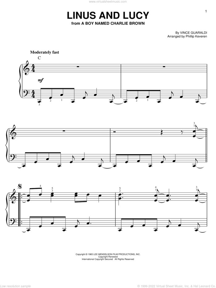 Linus And Lucy (arr. Phillip Keveren) sheet music for piano solo by Vince Guaraldi and Phillip Keveren, easy skill level