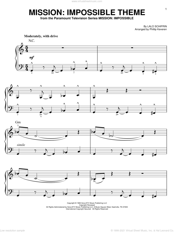 Mission: Impossible Theme (arr. Phillip Keveren) sheet music for piano solo by Lalo Schifrin and Phillip Keveren, easy skill level