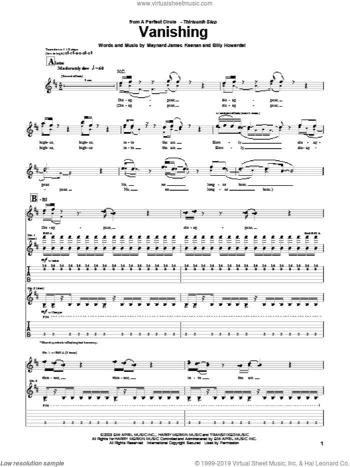 Vanishing sheet music for guitar (tablature) by A Perfect Circle, Billy Howerdel and Maynard James Keenan, intermediate skill level