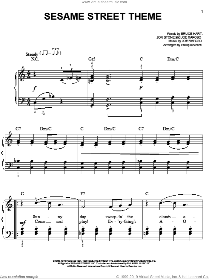 Sesame Street Theme (arr. Phillip Keveren), (easy) sheet music for piano solo by Joe Raposo, Phillip Keveren, The Muppets, Bruce Hart and Jon Stone, easy skill level