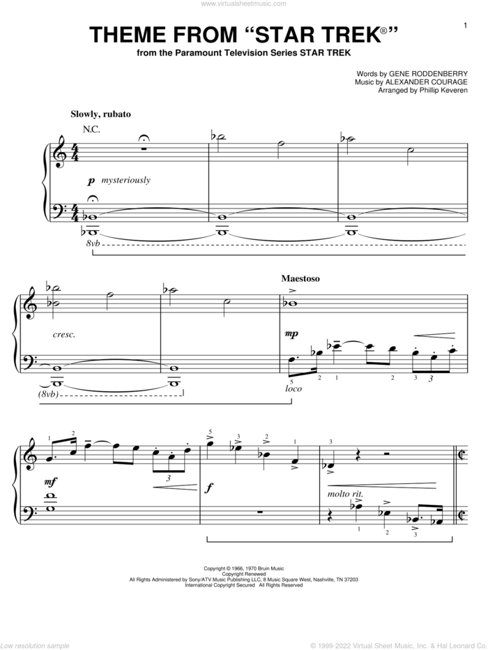 Theme from Star Trek (arr. Phillip Keveren) sheet music for piano solo by Gene Roddenberry, Phillip Keveren and Alexander Courage, easy skill level