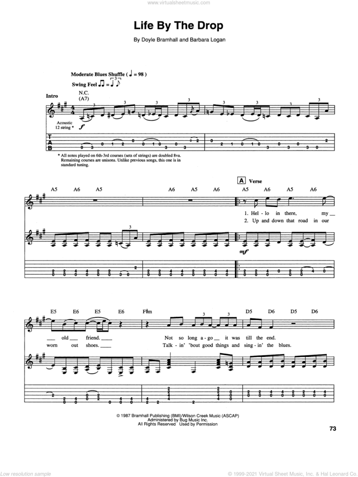 Life By The Drop sheet music for guitar (tablature) by Stevie Ray Vaughan, Barbara Logan and Doyle Bramhall, intermediate skill level