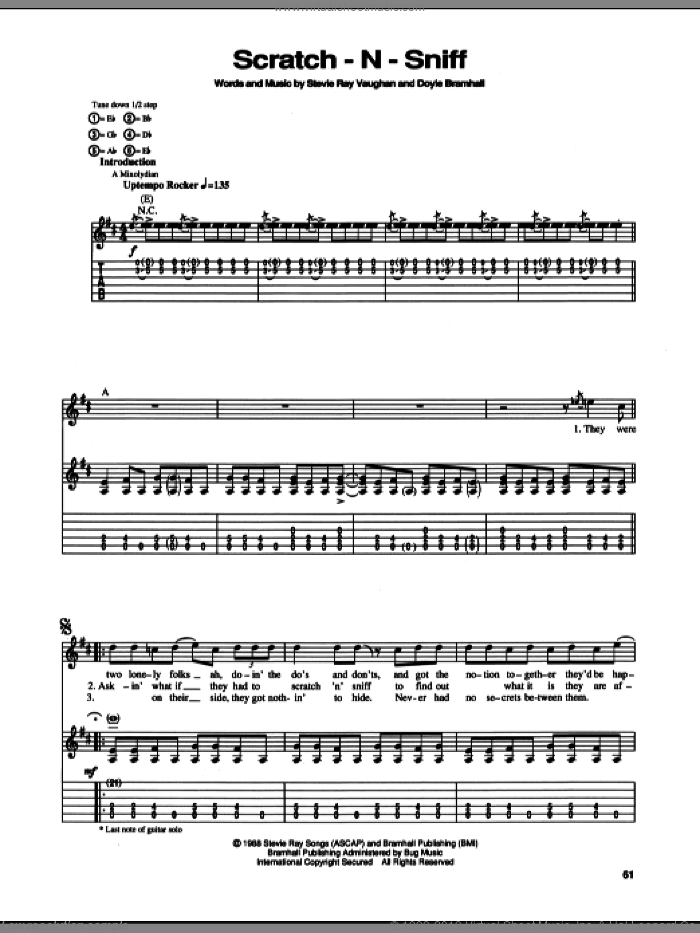 Scratch-N-Sniff sheet music for guitar (tablature) by Stevie Ray Vaughan and Doyle Bramhall, intermediate skill level