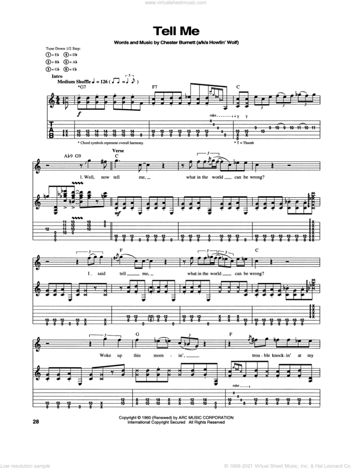 Tell Me sheet music for guitar (tablature) by Stevie Ray Vaughan and Chester Burnett, intermediate skill level