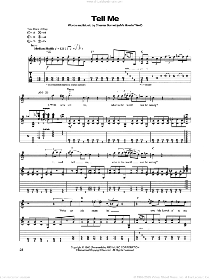 Tell Me sheet music for guitar (tablature) by Stevie Ray Vaughan and Chester Burnett, intermediate skill level