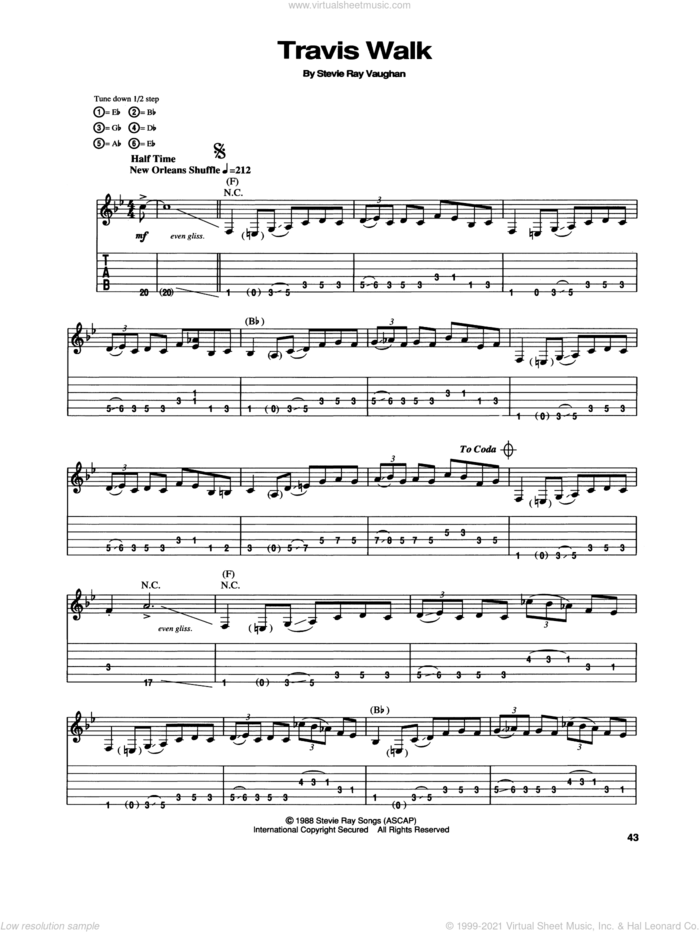 Travis Walk sheet music for guitar (tablature) by Stevie Ray Vaughan, intermediate skill level
