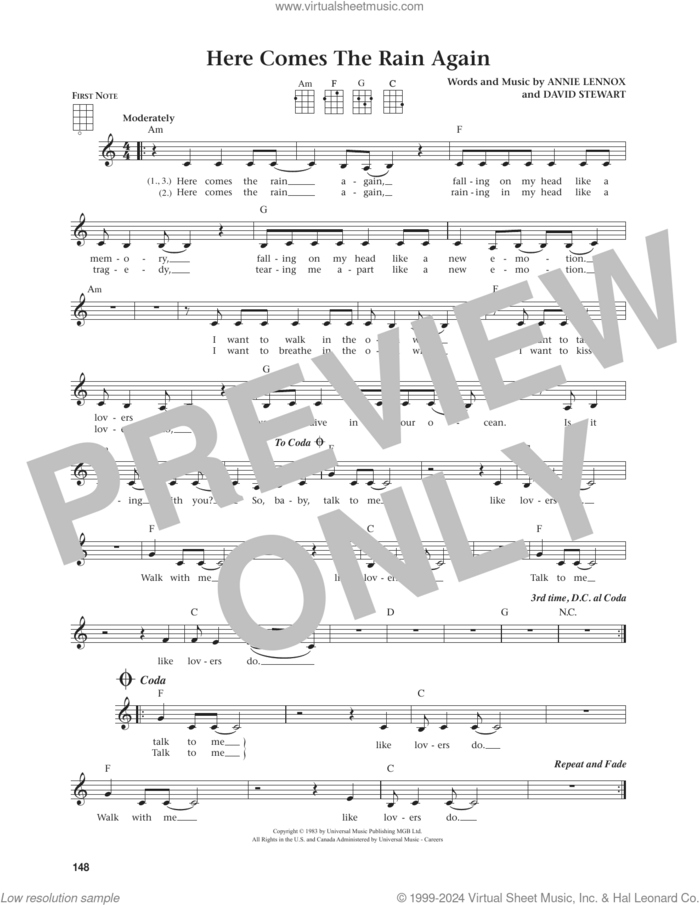 Here Comes The Rain Again (from The Daily Ukulele) (arr. Jim Beloff) sheet music for ukulele by Eurythmics, Jim Beloff, Annie Lennox and Dave Stewart, intermediate skill level