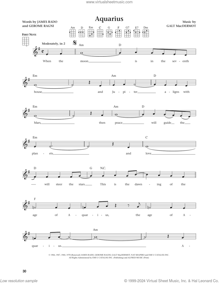 Aquarius (from The Daily Ukulele) (arr. Jim Beloff) sheet music for ukulele by The Fifth Dimension, Jim Beloff, Galt MacDermot, Gerome Ragni and James Rado, intermediate skill level