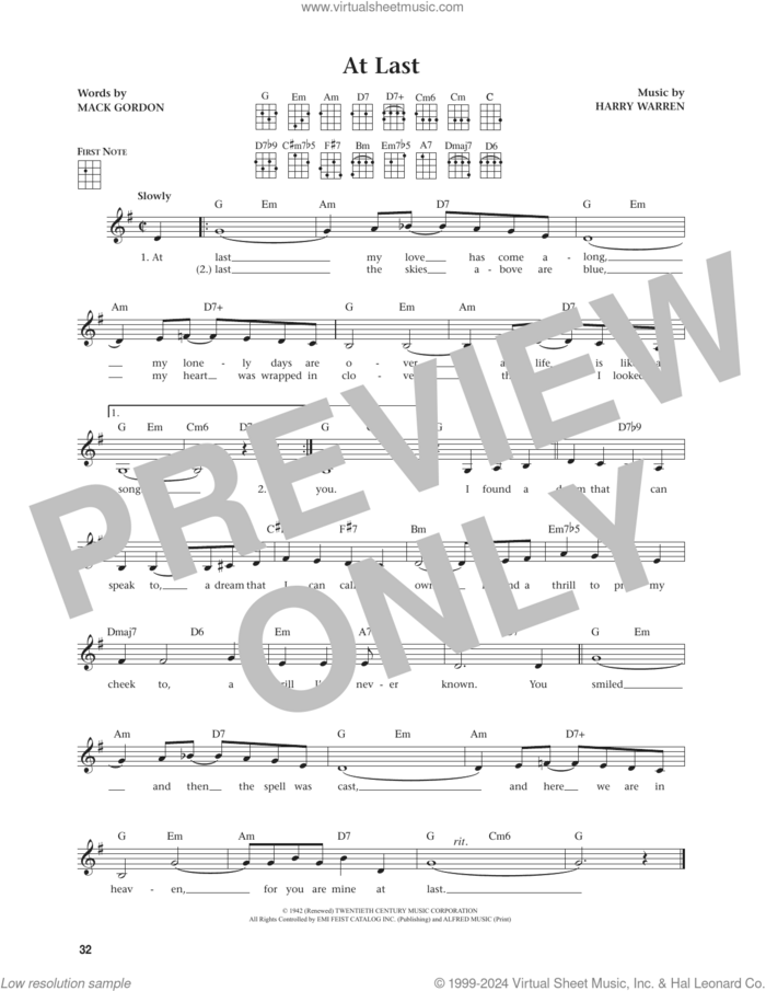 At Last (from The Daily Ukulele) (arr. Jim Beloff) sheet music for ukulele by Etta James, Jim Beloff, Harry Warren and Mack Gordon, intermediate skill level