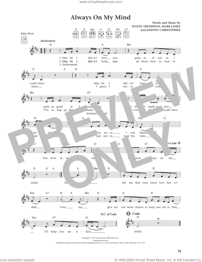 Always On My Mind (from The Daily Ukulele) (arr. Jim Beloff) sheet music for ukulele by Elvis Presley, Jim Beloff, Johnny Christopher, Mark James and Wayne Thompson, intermediate skill level