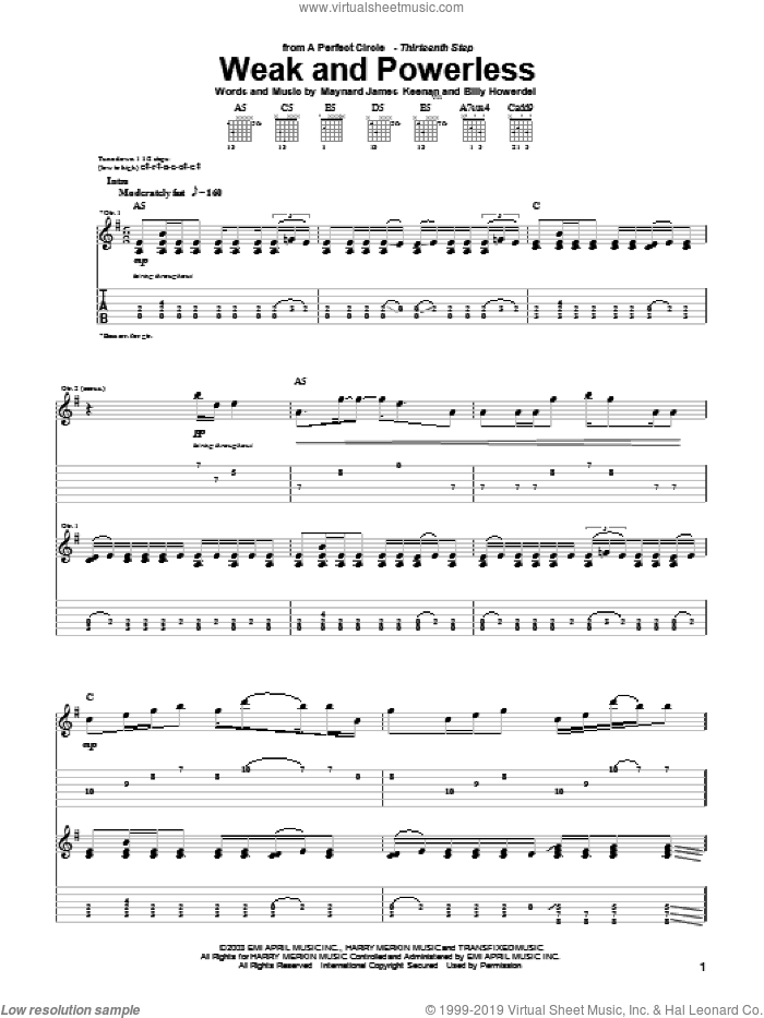 Weak And Powerless sheet music for guitar (tablature) by A Perfect Circle, Billy Howerdel and Maynard James Keenan, intermediate skill level