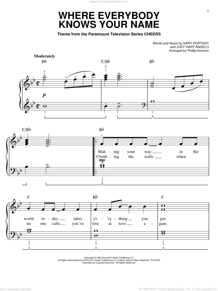 Where Everybody Knows Your Name (arr. Phillip Keveren) sheet music for piano solo by Gary Portnoy, Phillip Keveren and Judy Hart Angelo, easy skill level
