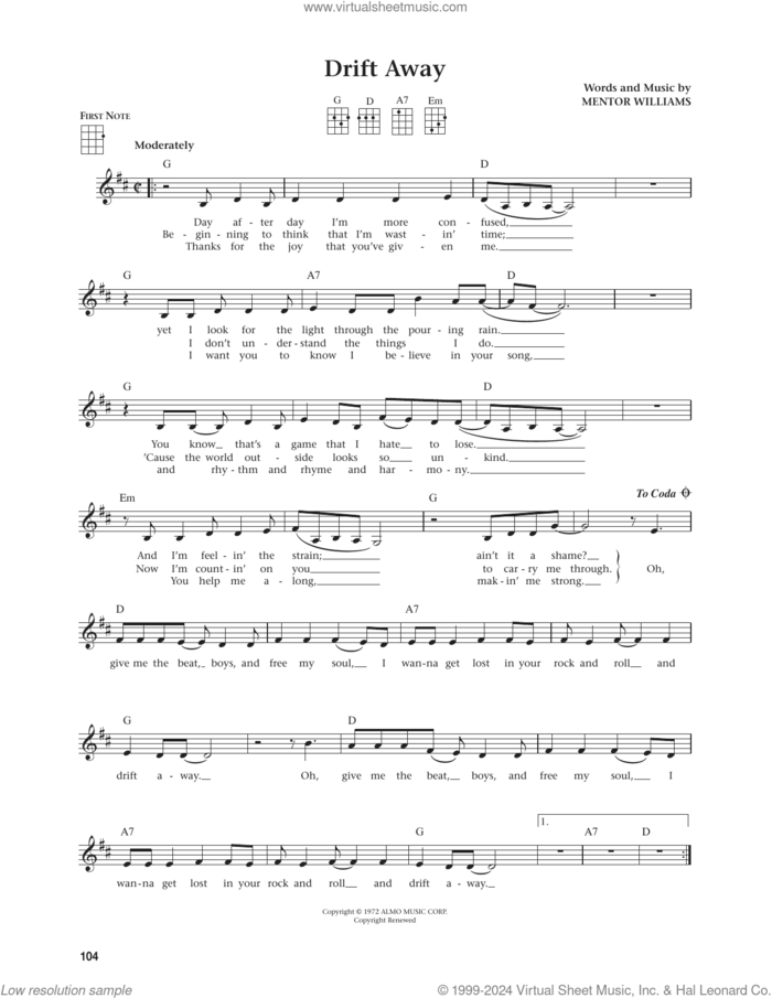 Drift Away (from The Daily Ukulele) (arr. Jim Beloff) sheet music for ukulele by Dobie Gray, Jim Beloff and Mentor Williams, intermediate skill level