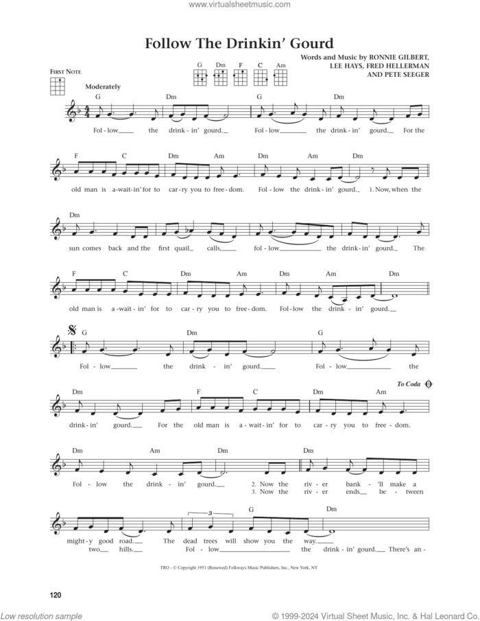 Follow The Drinkin' Gourd (from The Daily Ukulele) (arr. Jim Beloff) sheet music for ukulele by Ronnie Gilbert, Jim Beloff, Fred Hellerman, Lee Hays and Pete Seeger, intermediate skill level