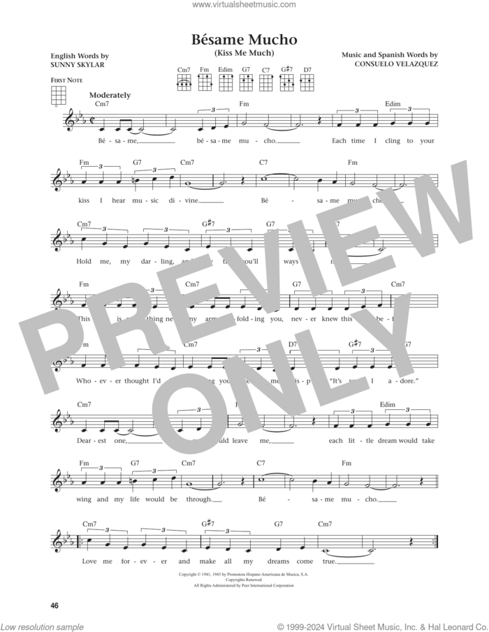 Besame Mucho (Kiss Me Much) (from The Daily Ukulele) (arr. Jim Beloff) sheet music for ukulele by The Coasters, Jim Beloff, Consuelo Velazquez and Sunny Skylar (English), intermediate skill level