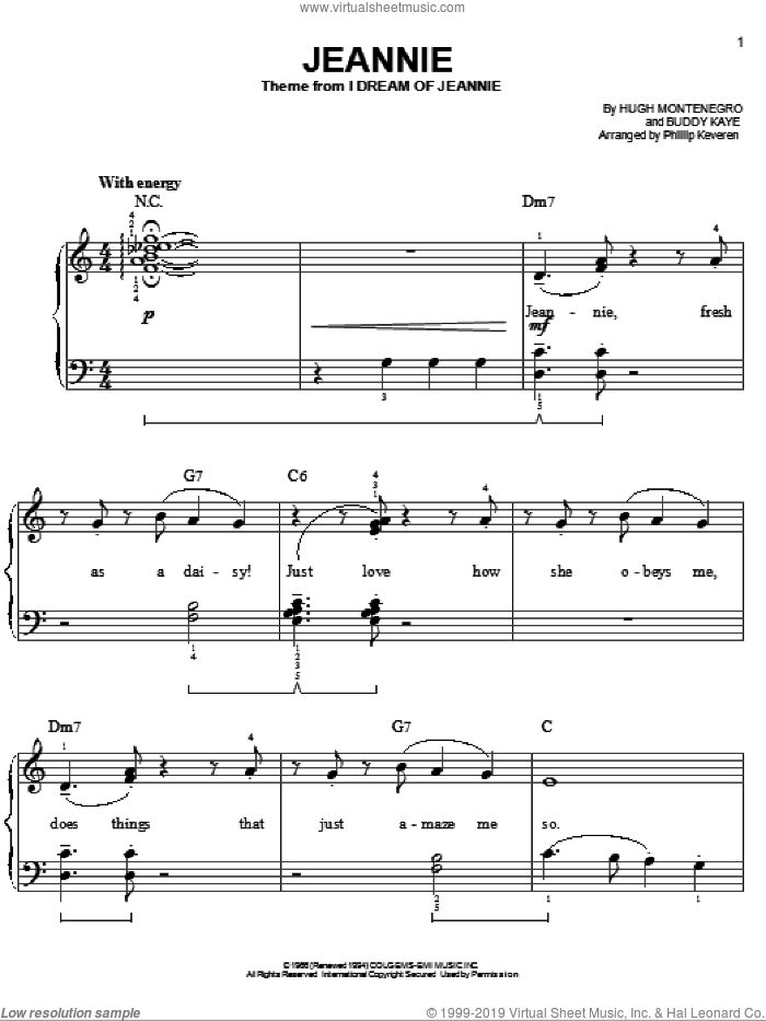 Jeannie (arr. Phillip Keveren) sheet music for piano solo by Hugh Montenegro, Phillip Keveren and Buddy Kaye, easy skill level