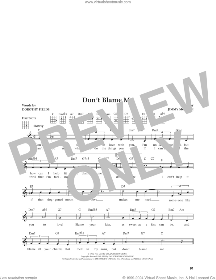 Don't Blame Me (from The Daily Ukulele) (arr. Jim Beloff) sheet music for ukulele by Dorothy Fields, Jim Beloff and Jimmy McHugh, intermediate skill level