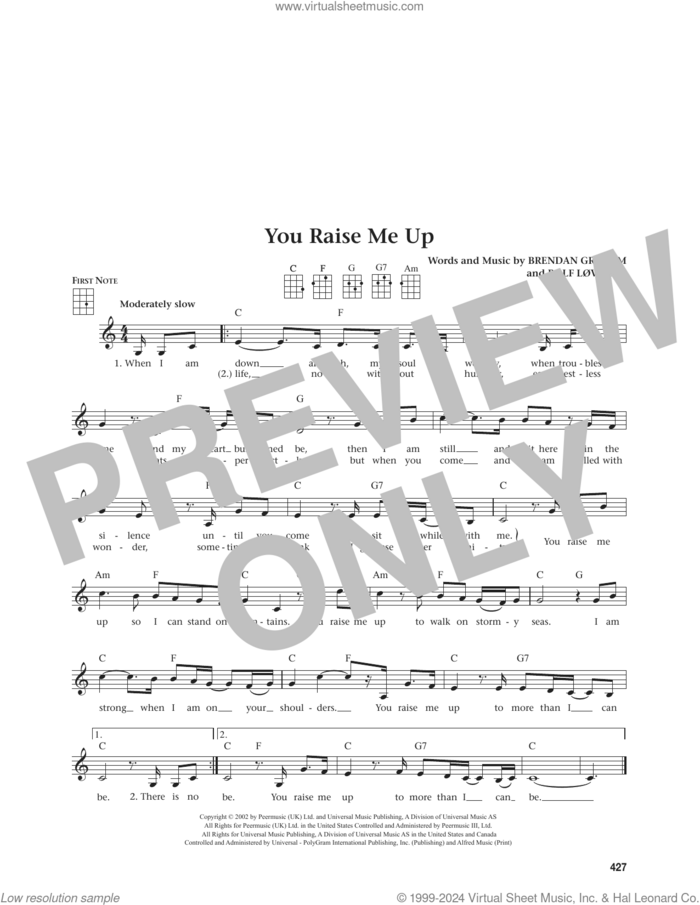 You Raise Me Up (from The Daily Ukulele) (arr. Jim Beloff) sheet music for ukulele by Josh Groban, Jim Beloff, Brendan Graham and Rolf Lovland, intermediate skill level